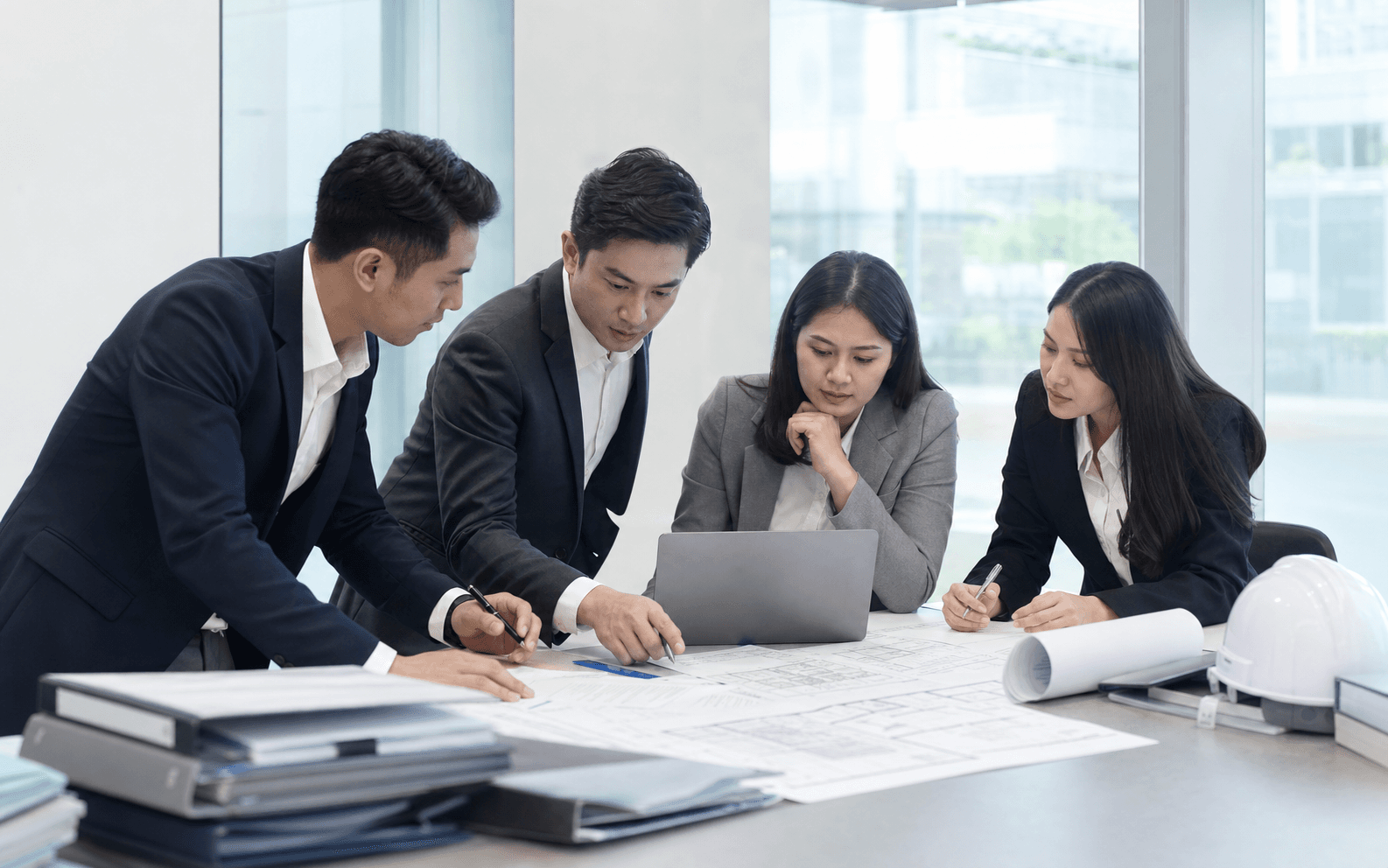 Tim profesional meninjau dokumen legalitas, sertifikasi, dan kepatuhan perusahaan di ruang meeting modern.