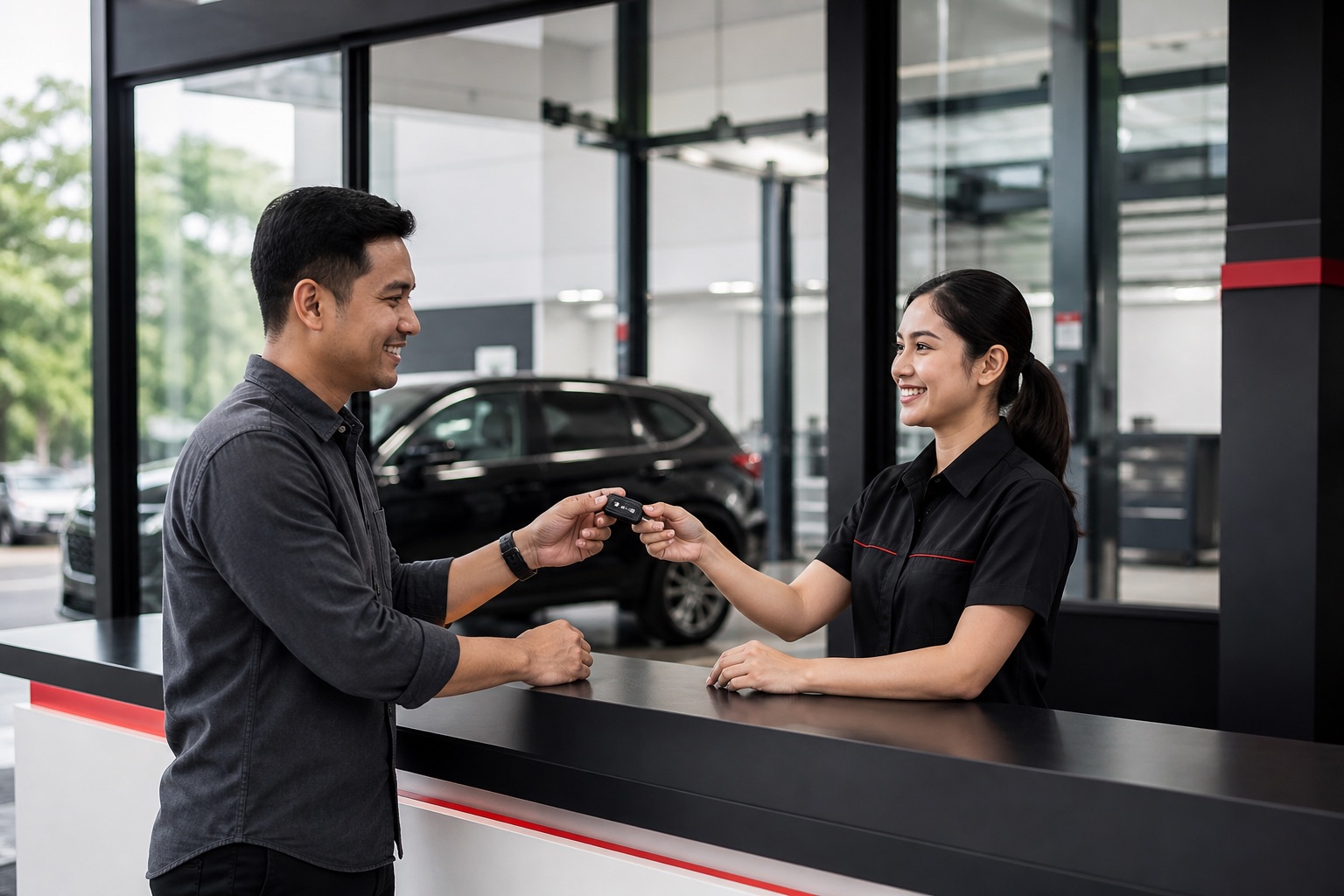 Teknisi menyerahkan kendaraan setelah proses servis