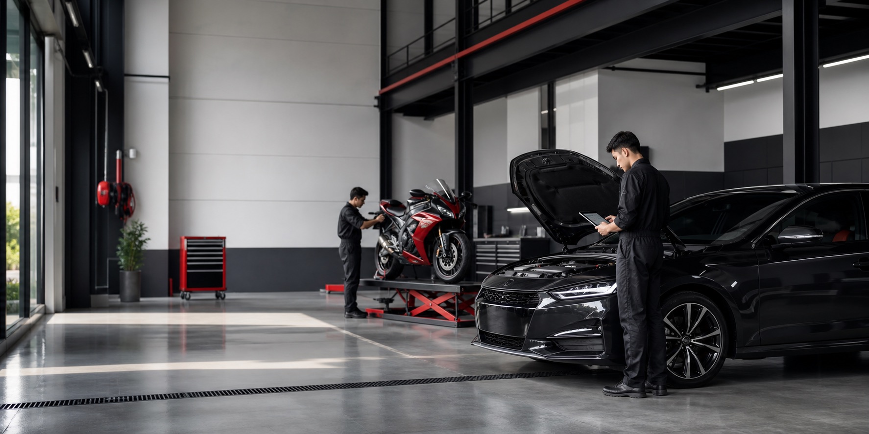 Mobil dan motor berada di area servis